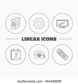 TV remote, retro phone and TV remote icons. Widescreen TV linear sign. Flat cogwheel and calendar symbols. Linear icons in circle buttons. Vector