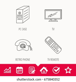 TV remote, retro phone and TV remote icons. Widescreen TV linear sign. Edit document, Calendar and Graph chart signs. Star, Check and House web icons. Vector