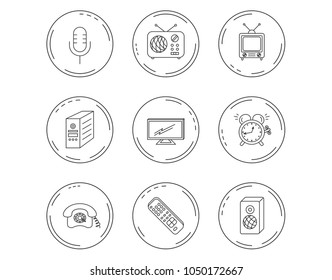 TV remote, retro phone and radio icons. PC case, microphone and alarm clock linear signs. Linear Circles web buttons with icons. Vector