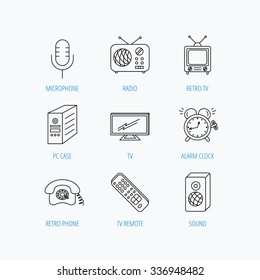 TV remote, retro phone and radio icons. PC case, microphone and alarm clock linear signs. Linear set icons on white background.