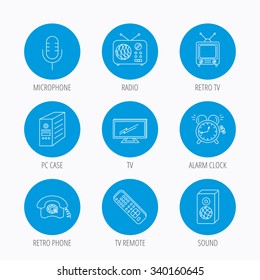 TV remote, retro phone and radio icons. PC case, microphone and alarm clock linear signs. Blue circle buttons set. Linear icons.