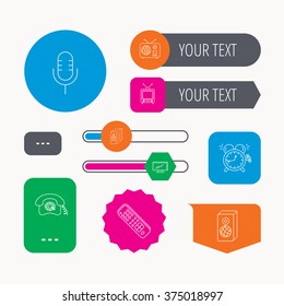 TV remote, retro phone and radio icons. PC case, microphone and alarm clock linear signs. Web buttons and app menu navigation.