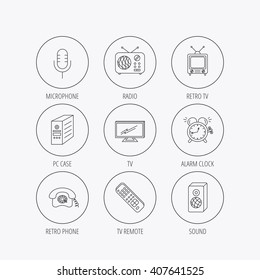 TV remote, retro phone and radio icons. PC case, microphone and alarm clock linear signs. Linear colored in circle edge icons.