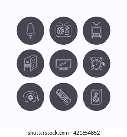 TV remote, retro phone and radio icons. PC case, microphone and alarm clock linear signs. Flat icons in circle buttons on white background. Vector