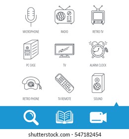 TV Remote, Retro Phone And Radio Icons. PC Case, Microphone And Alarm Clock Linear Signs. Video Cam, Book And Magnifier Search Icons. Vector