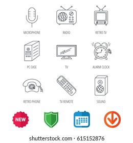 TV remote, retro phone and radio icons. PC case, microphone and alarm clock linear signs. New tag, shield and calendar web icons. Download arrow. Vector