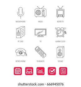 TV remote, retro phone and radio icons. PC case, microphone and alarm clock linear signs. Report document, Graph chart and Calendar signs. Laptop and Check web icons. Vector