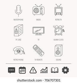 TV Remote, Retro Phone And Radio Icons. PC Case, Microphone And Alarm Clock Linear Signs. Education Book, Graph Chart And Chat Signs. Attention, Calendar And Cogwheel Web Icons. Vector