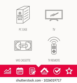 TV remote, VHS cassette and PC case icons. Widescreen TV linear sign. Edit document, Calendar and Graph chart signs. Star, Check and House web icons. Vector