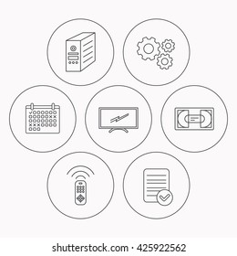 TV remote, VHS cassette and PC case icons. Widescreen TV linear sign. Check file, calendar and cogwheel icons. Vector