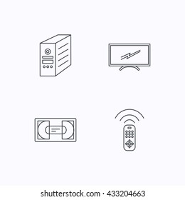 TV remote, VHS cassette and PC case icons. Widescreen TV linear sign. Flat linear icons on white background. Vector