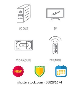 TV remote, VHS cassette and PC case icons. Widescreen TV linear sign. Shield protection, calendar and new tag web icons. Vector