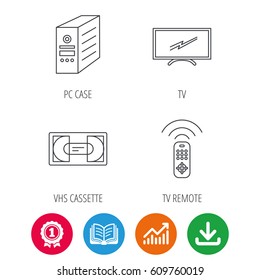 TV Remote, VHS Cassette And PC Case Icons. Widescreen TV Linear Sign. Award Medal, Growth Chart And Opened Book Web Icons. Download Arrow. Vector