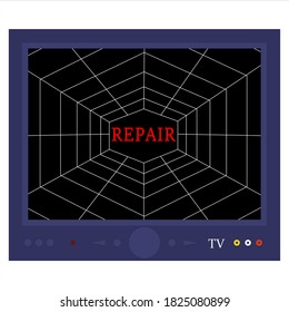 TV repair service vector template for text. Cobweb on the TV screen. Household appliances service. TV repair workshop. Master repairman. Electronic industry. Electronic engineer. Poster.