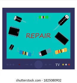 TV repair service vector template for text. Electronic components. Household appliances service. TV repair workshop. Master repairman. Electronic industry. Microcircuit. Resistor. Transistor.