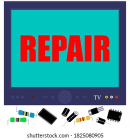 TV repair service vector template for text. Electronic components. Household appliances service. TV repair workshop. Master repairman. Electronic industry. Microcircuit. Resistor. Transistor.