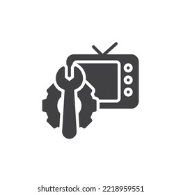 TV repair vector icon. filled flat sign for mobile concept and web design. TV with gear and wrench glyph icon. Symbol, logo illustration. Vector graphics