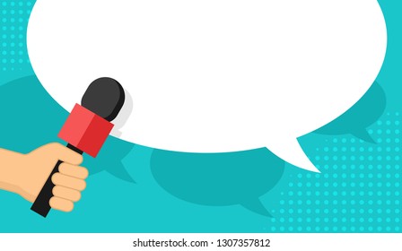 TV report or media interview - hand holding microphone and dialog box on bright background - vector template for breaking news headline, banner or poster