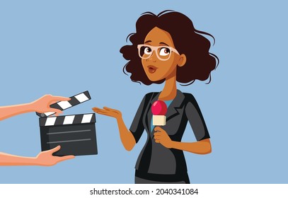 Tv Reporter Filming a Documentary Vector Cartoon Illustration. Professional Crew making a infotainment show or reportage piece for television
