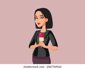 TV Reporter Holding A Microphone Vector Cartoon Illustration. Female Journalist Broadcasting News Events Reporting On The Field
