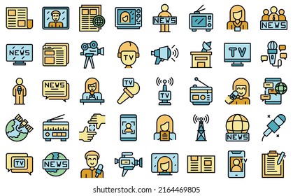 TV Reporter Icons Set Outline Vector. Studio Tv. Camera Interview