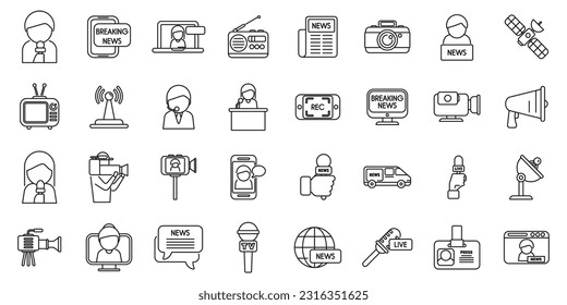 TV reporter icons set outline vector. Studio tv. Camera crew