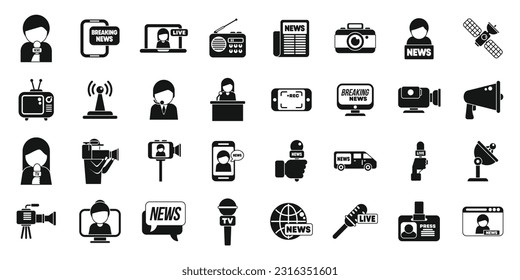 Los iconos del reportero de TV establecen un vector simple. Televisión Studio. Equipo de cámara