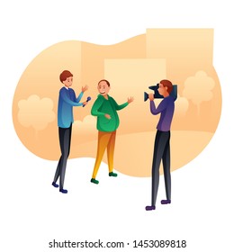 TV reporter interviews man flat vector illustration. Male journalist and cameraman shooting report on street. Live broadcasting, tv show recording. Press interview with man. TV Production process