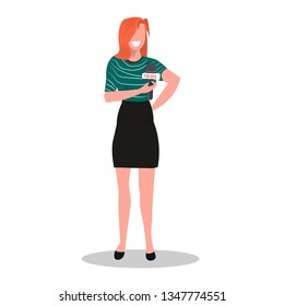tv reporter presenting reportage in studio girl journalist holding microphone broadcasting breaking news concept flat full length white background vector illustration