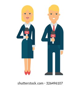 TV reporters - female and male character vector illustration