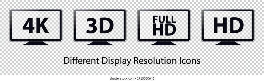TV Resolutions 4K, 3D, HD And FullHD - Vector Icons - Isolated On Transparent Background