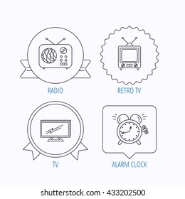 TV, retro radio and alarm clock icons. Widescreen TV linear sign. Award medal, star label and speech bubble designs. Vector