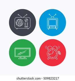 TV, retro radio and alarm clock icons. Widescreen TV linear sign. Linear icons on colored buttons. Flat web symbols. Vector