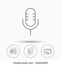 TV, retro radio and microphone icons. PC case linear sign. Linear icons in circle buttons. Flat web symbols. Vector