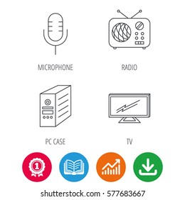 TV, Retro Radio And Microphone Icons. PC Case Linear Sign. Award Medal, Growth Chart And Opened Book Web Icons. Download Arrow. Vector