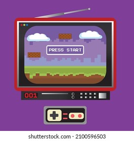 Tv With Retro Video Game On The Screen And Vintage 1980's Game Pad Design, Retro Gaming Concept. Gaming Console  Flat Illustration.