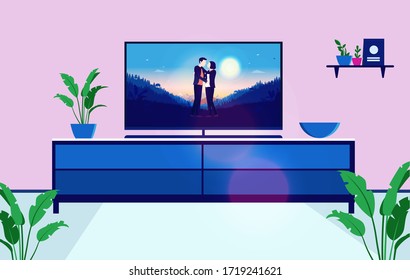 Tv with romantic show or series screen. Television on bench in living room with beautiful romance scene. Movie, streaming, relaxing in front of tv concept. Vector illustration.