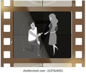 Tv with romantic show or series screen. Black and white vintage film frame with beautiful romance scene. Movie streaming relaxing in front of tv concept. Man on his knee proposing to girl, love story