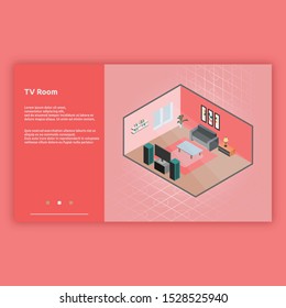 TV Room. Isometric interior building with 3d images. Isometric illustration design for interiors, buildings, room and more.

