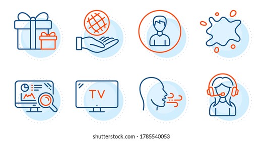 Tv, Safe planet and Support signs. Breathing exercise, Surprise package and Person line icons set. Dirty spot, Seo analytics symbols. Breath, Present boxes. Business set. Outline icons set. Vector