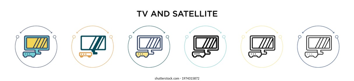 Tv and satellite icon in filled, thin line, outline and stroke style. Vector illustration of two colored and black tv and satellite vector icons designs can be used for mobile, ui, web