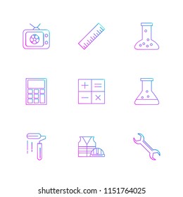 Tv  scale  beaker calculator  maths  chemical flask  paint roller  uniform  wrench  icon vector design  flat  collection style creative  icons