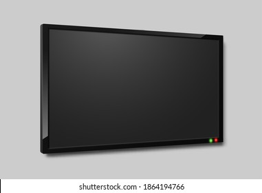 Tv Screen Angle View. Realistic Lcd Television Black Monitor, Close Up Hanging Horizontal On Wall Full Hd Monitor, Blank Digital Led Panel, Modern Widescreen Vector Single Isolated Electronics Object