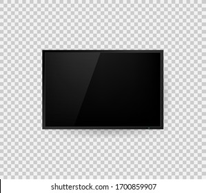  Pantalla de TV. Monitor plano negro de ordenador o TV aislado en un fondo transparente. lcd, plasma, panel para su diseño. Ilustración vectorial.