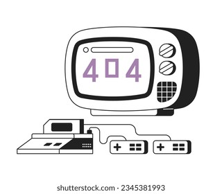 Pantalla de TV y consola para video juego mensaje de error blanco negro 404 flash. Actividad de hobby. Diseño monocromo de estado vacío ui. Página no encontrada imagen emergente de caricatura. Concepto de ilustración de contorno plano vectorial