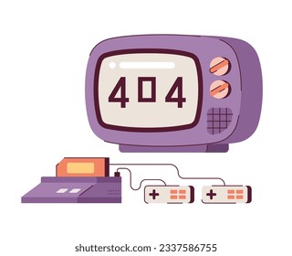 TV screen and console for video games error 404 flash message. Hobby activity. Empty state ui design. Page not found popup cartoon image. Vector flat illustration concept on white background