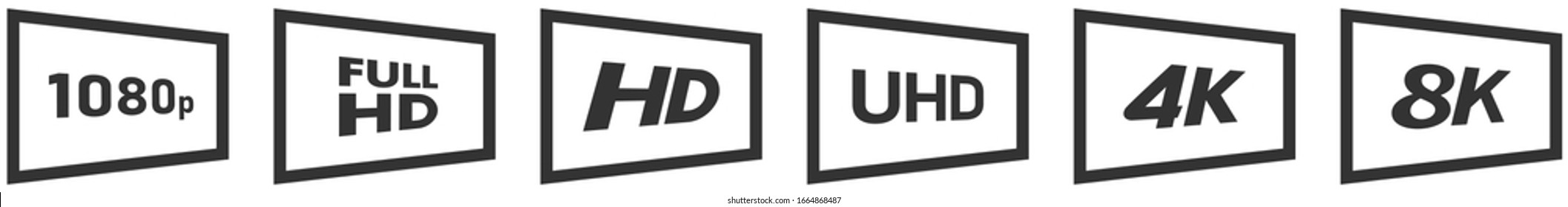 TV Or Screen Display Resolution Icons Set - Simple Black And White Tilted Rectangles With Text Inside