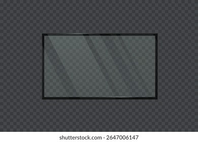 TV screen frame with glass surface and reflections. LED panel. Computer monitor. Blank display template for mockups, presentations or user interface design. Realistic vector illustration.