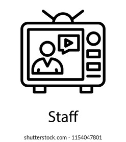 
A tv screen with the human avatar and video graphic depicting film staff 
