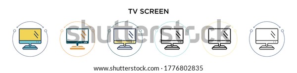 Tv screen icon in
filled, thin line, outline and stroke style. Vector illustration of
two colored and black tv screen vector icons designs can be used
for mobile, ui, web